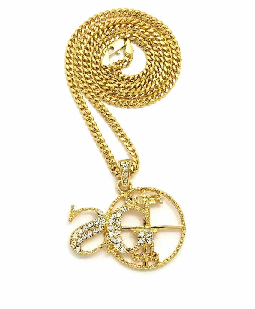 ICED OUT HIP HOP 'SG' SNIPER GANG PENDANT & 24" BOX, CUBAN, ROPE CHAIN NECKLACES