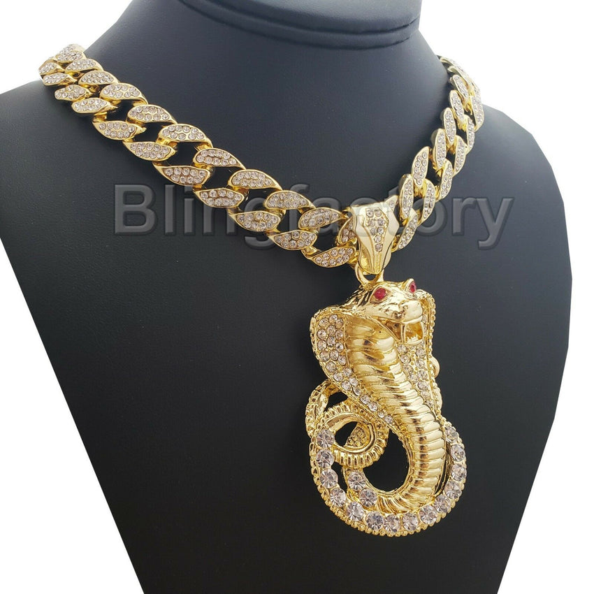 Hip Hop Iced Cobra Snake w/ 18" Full Iced Cuban & 1 ROW DIAMOND Choker Chain Necklace Set