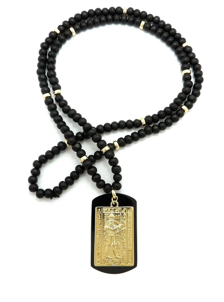 Hip Hop Iced Egyptian Tablet & Dog Tag Pendant w/ 6mm 30" Wooden Bead Necklace