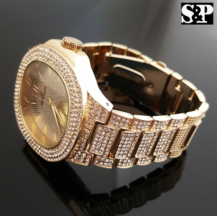 MENS HIP HOP QUAVO GOLD PT LUXURY WATCH & FULL ICED CUBAN BRACELET COMBO SET