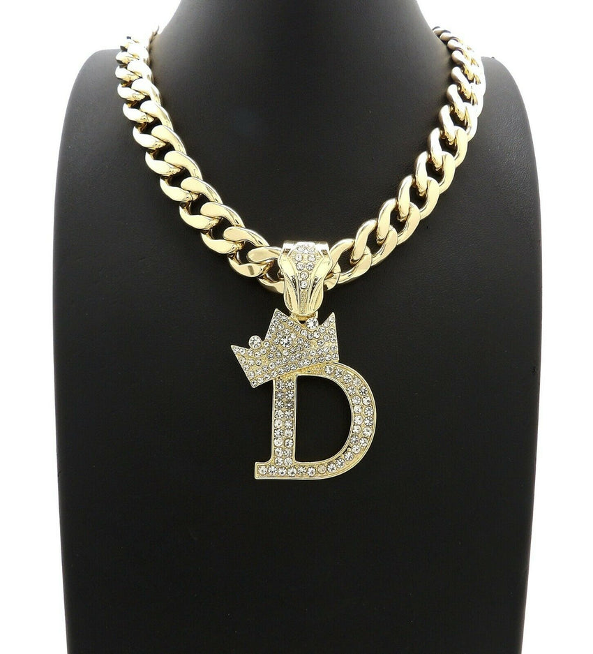 Hip Hop Crowned Alphabet Initial Pendant & 11mm 18" Cuban Choker Chain Necklace