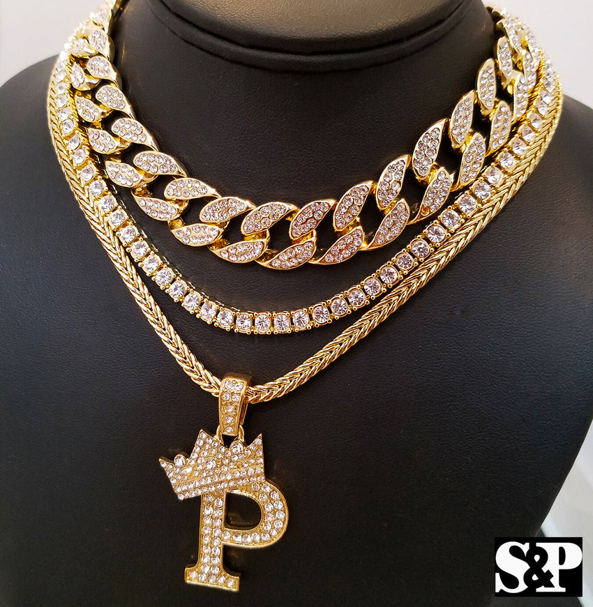 Hip Hop Quavo Choker 16" Full Iced Cuban & 1 ROW DIAMOND CHAIN & "P" Necklace