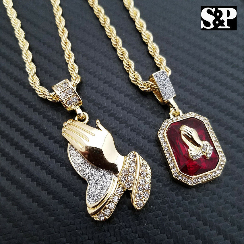 Hip Hop Praying Hands & Red Ruby Praying Hands Pendant w/ Rope Chain 2 Necklaces