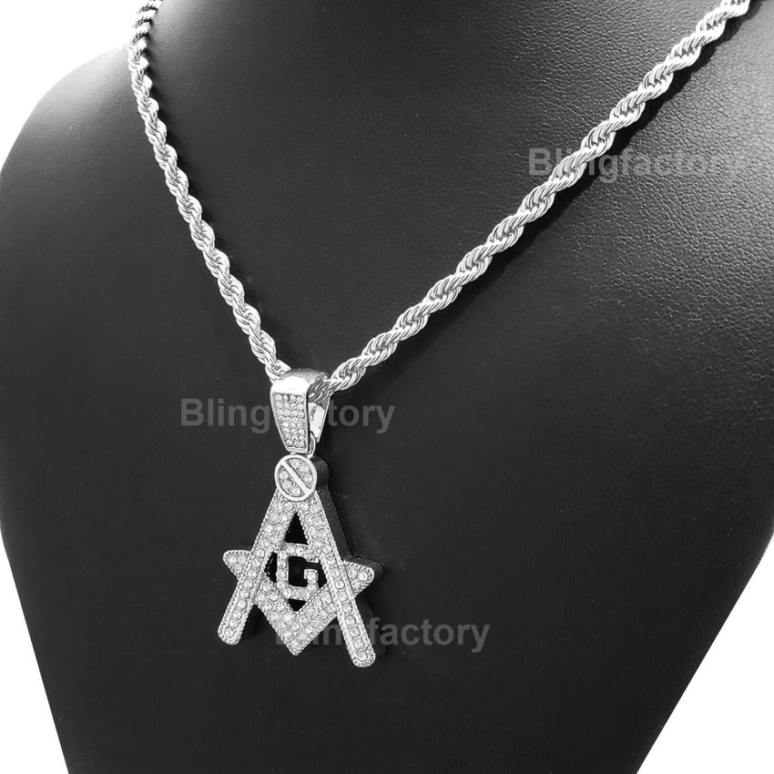 Hip Hop Iced out Masonic Freemason Pendant & 4mm 24" Rope Chain Necklace