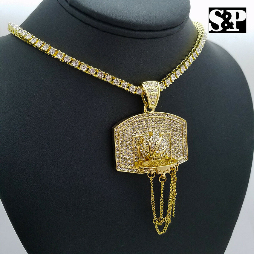 New Basketball Net Pendant & 16" Full Iced 1 Row Diamond Tennis Choker Chain Set