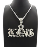 HIP HOP ICED OUT SILVER PT CROWNED KING PENDANT & 4mm 24" ROPE CHAIN NECKLACE