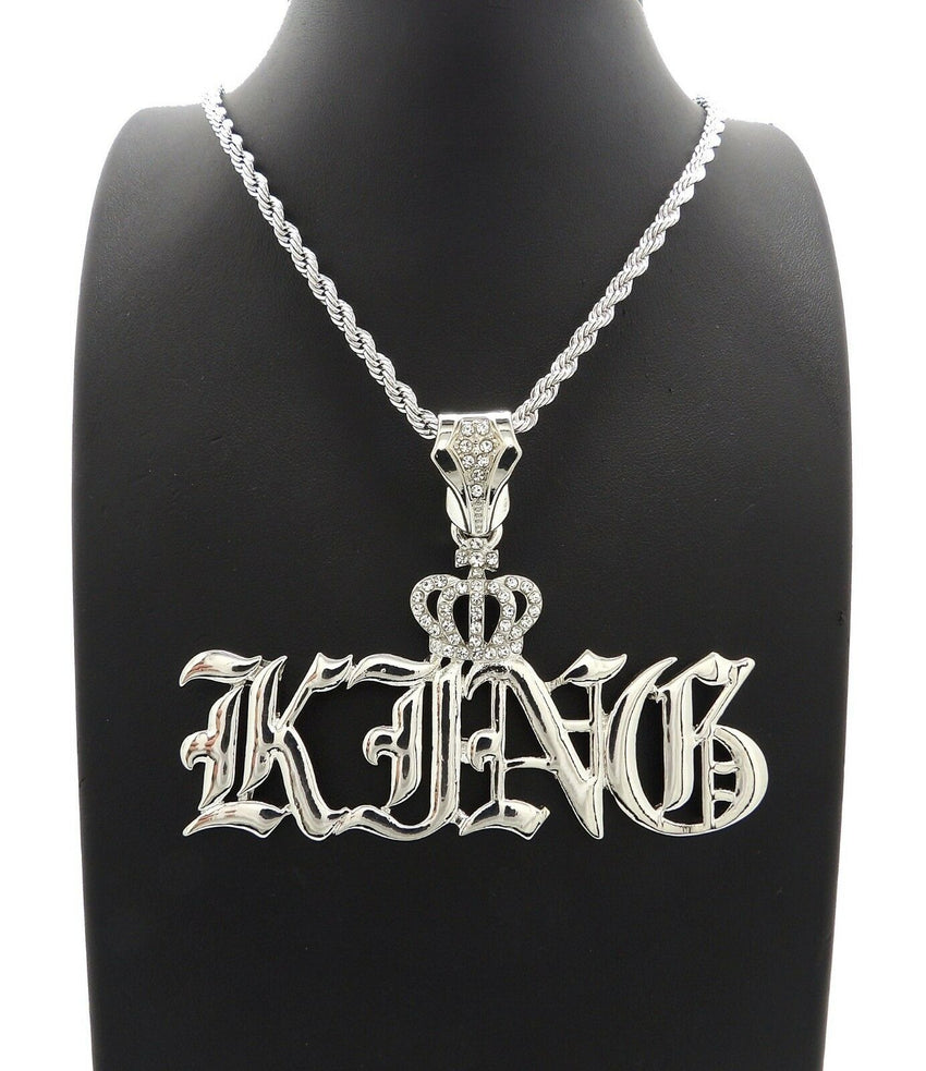 HIP HOP ICED OUT SILVER PT CROWNED KING PENDANT & 4mm 24" ROPE CHAIN NECKLACE
