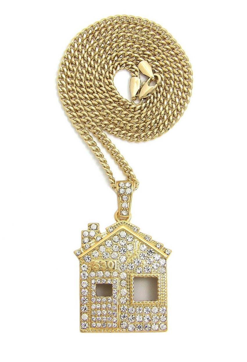 Iced Out Offset Trap House Pendant & 24" Box, Rope, Cuban Chain Hip Hop Necklace