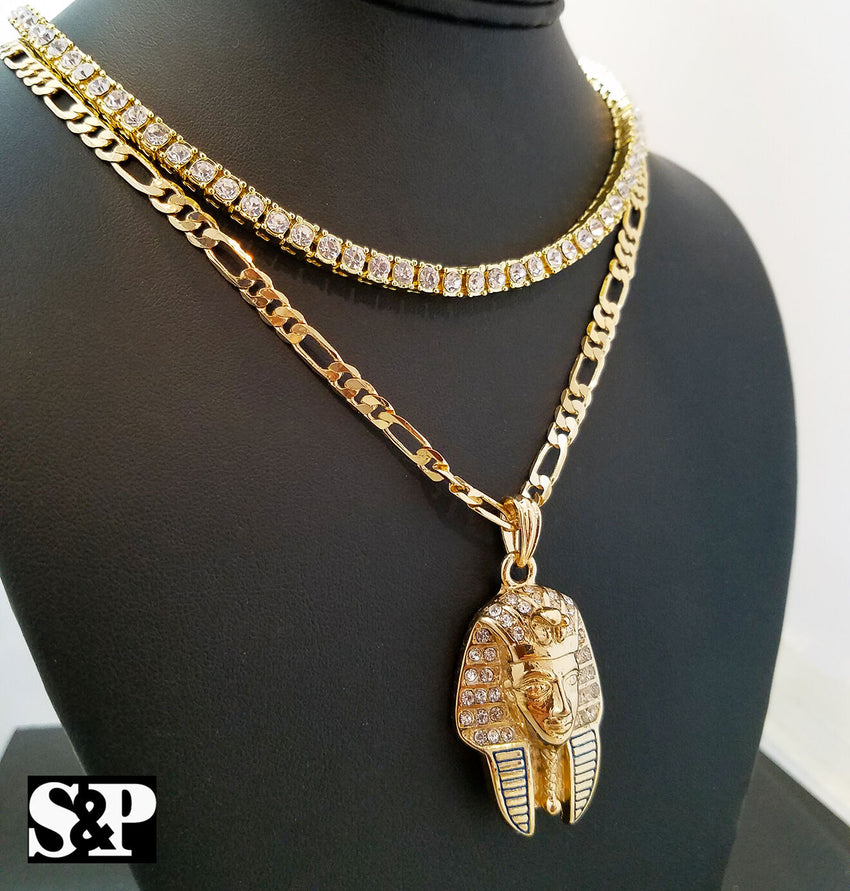 Hip Hop Quavo Choker 16" 1 ROW DIAMOND TENNIS CHAIN & Pharaoh King Necklace Set