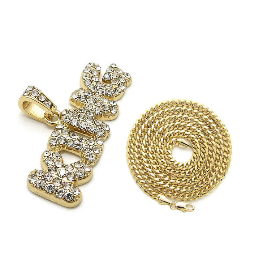 Iced Out Bubble Letter KING Pendant & 24" Box, Cuban, Rope Chain Hip Hop Necklace