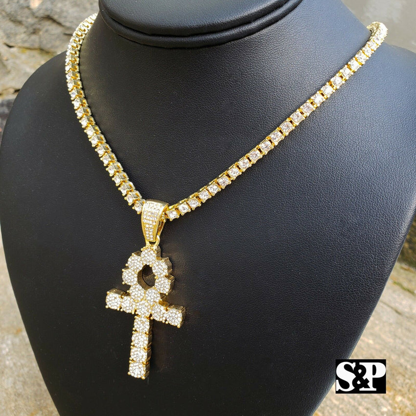 Hip Hop Ankh Cross Pendant & 18" Full Iced Cuban & 1 ROW Tennis Choker Chain Necklace Set