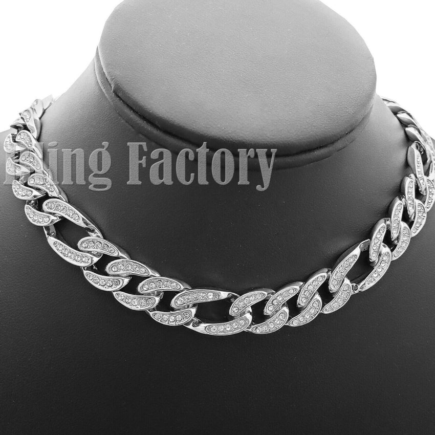 Hip Hop Men Quavo White Gold PT Iced Out 12mm 20" Figaro Choker Chain Necklace