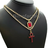 Iced Out Ruby & Ankh Cross Pendant w/ 3mm 16" & 18" 1 Row Tennis Chain Necklace