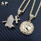 Hip Hop Iced Out 2 Praying Hand w/ Cross Pendant & 4mm 24" Rope Chain Necklace