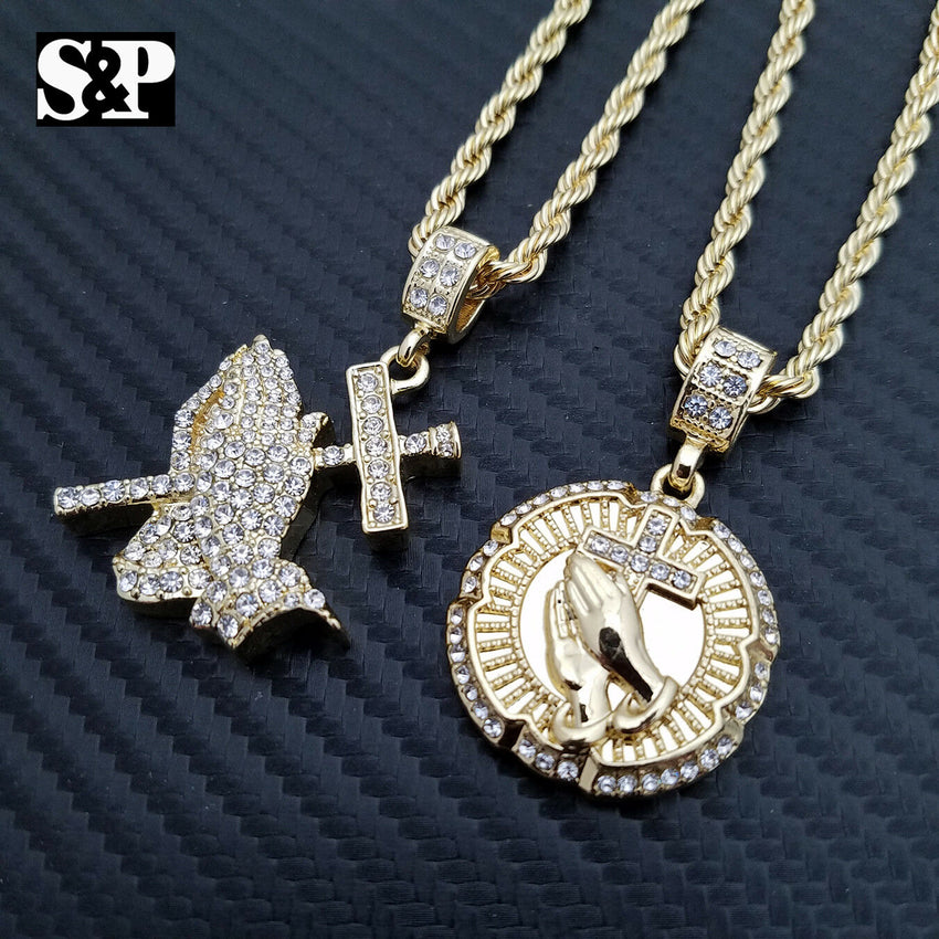 Hip Hop Iced Out 2 Praying Hand w/ Cross Pendant & 4mm 24" Rope Chain Necklace