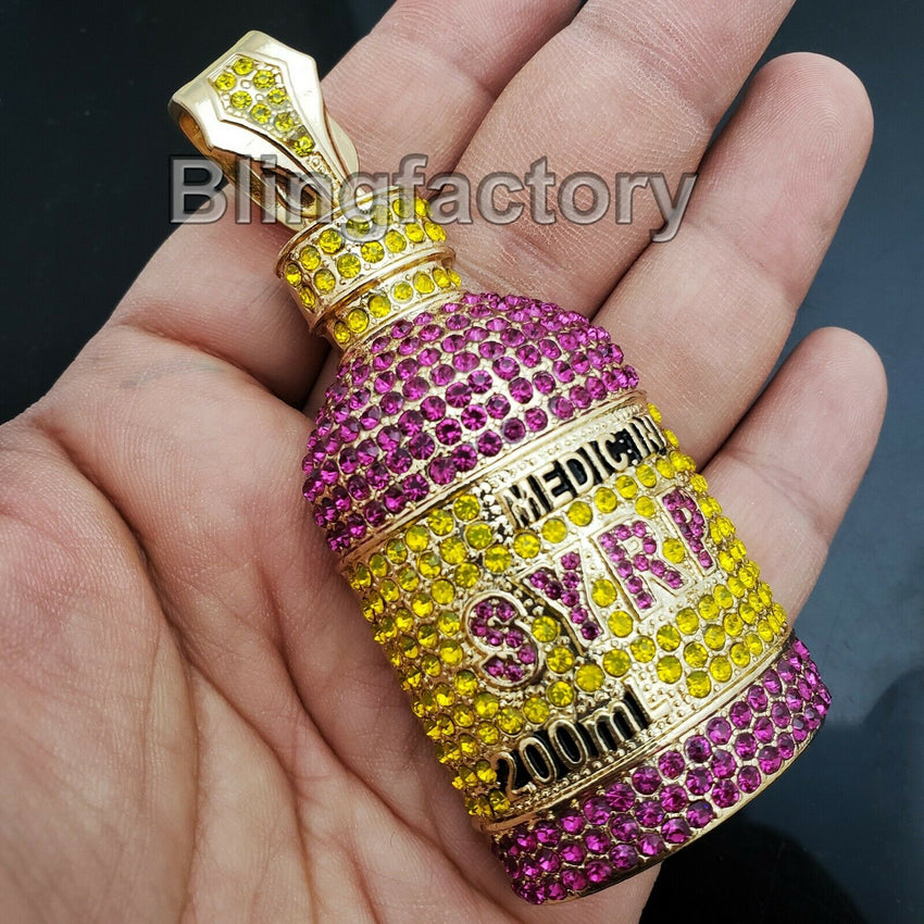 Hip Hop Lab Diamond Syrup Bottle Pendant & 18" Full Iced Cuban Choker Chain Necklace