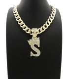 Hip Hop Crowned Alphabet Initial Pendant & 11mm 20" Cuban Choker Chain Necklace