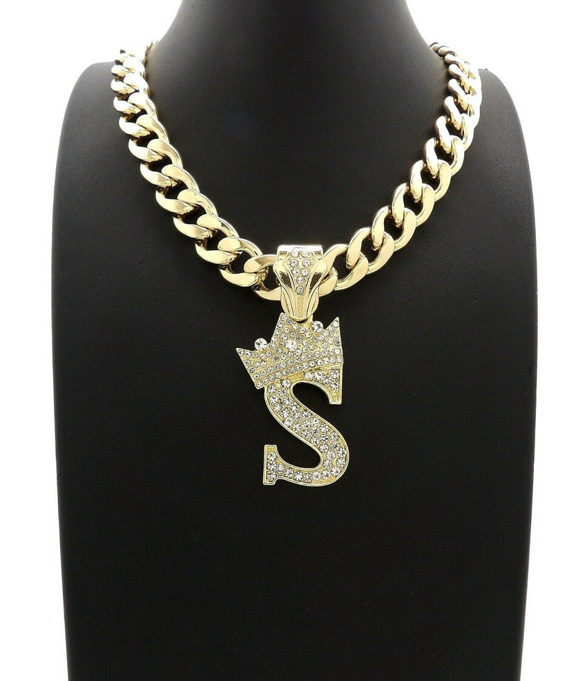 Hip Hop Crowned Alphabet Initial Pendant & 11mm 20" Cuban Choker Chain Necklace