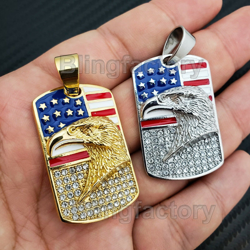 Iced out Stainless steel American Flag Eagle Dog Tag Gold & Silver Tone Pendant