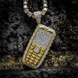 Iced Brass Retro Phone Pendant & 1 Row Lab Diamond Tennis Chain Necklace
