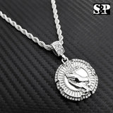 New Hip Hop Iced Out Praying Hand w/ Cross Pendant & 4mm 24" Rope Chain Necklace