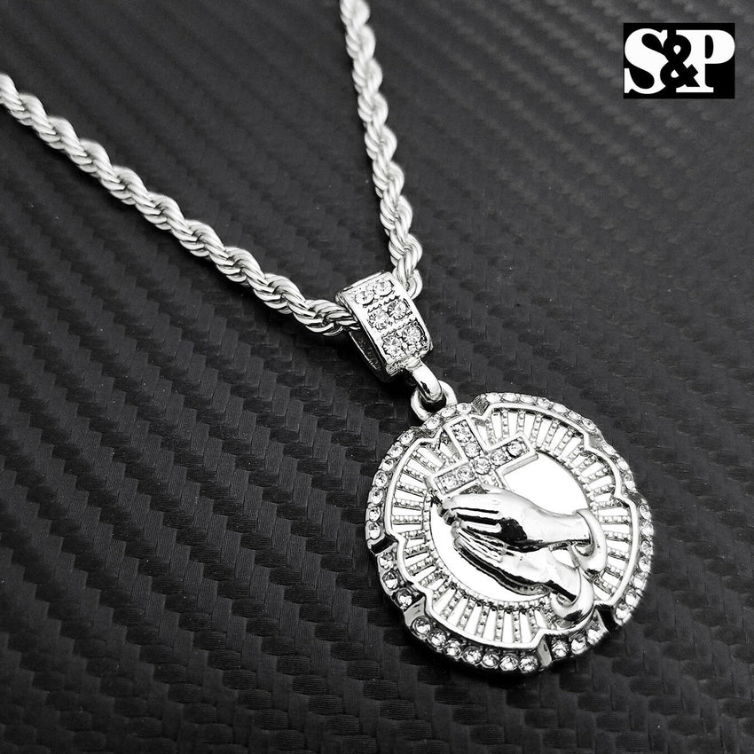 New Hip Hop Iced Out Praying Hand w/ Cross Pendant & 4mm 24" Rope Chain Necklace