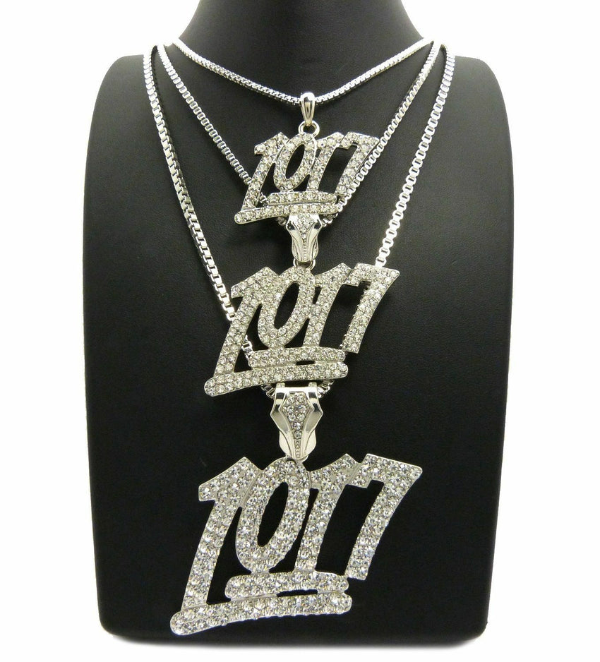 Iced Hip Hop 3pcs of 1017 Pendant w/ 20",24",30" Box Chain 3 Necklace Set