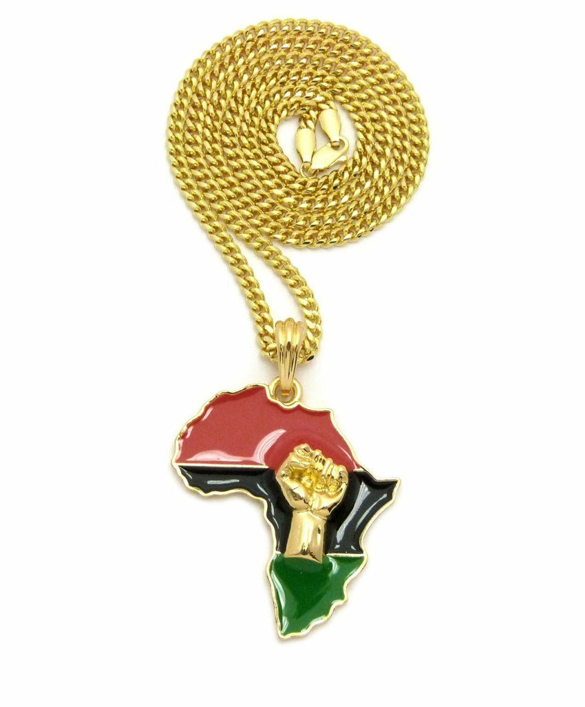 Fist Power in Africa Map Pendant w/ 24" Box, Cuban, Rope Chain Hip Hop Necklace
