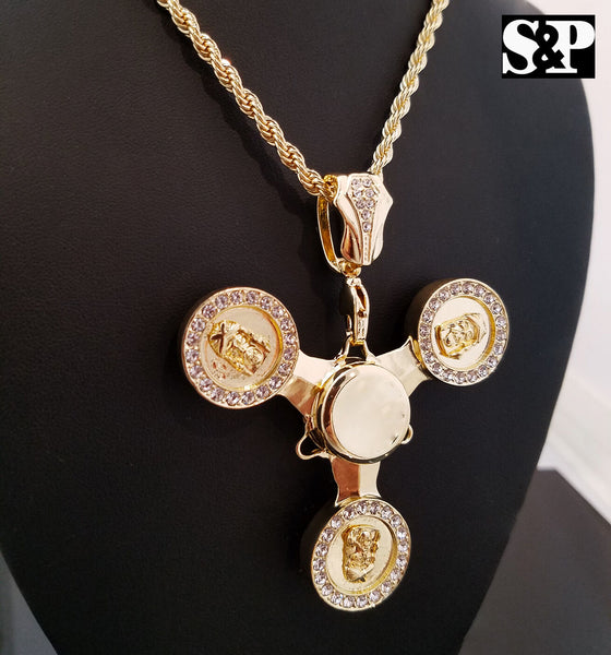 Hip Hop 14k Gold Plated Jesus Face Spinner Pendant w/ 30