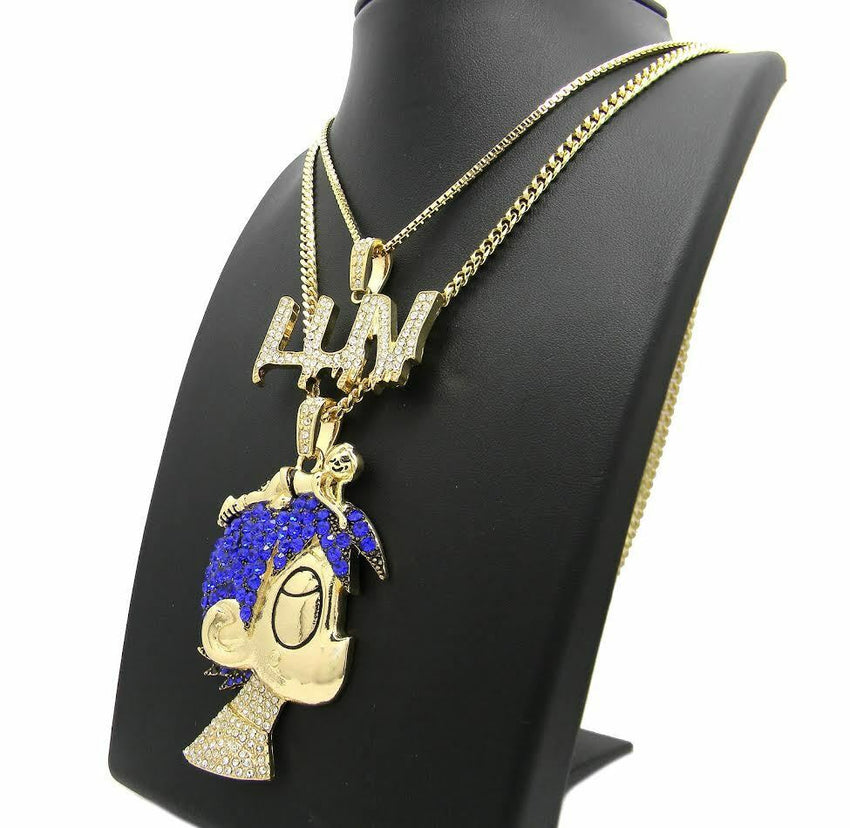 ICED OUT LIL UZI VERT PAVE CARTOON & LUV PENDANT & 24" CHAIN NECKLACE SET