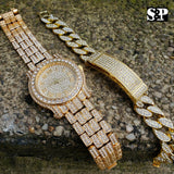 HIP HOP SLAUGHTER GANG LAB DIAMOND NECKLACE & WATCH & MIAMI CUBAN BRACELET SET