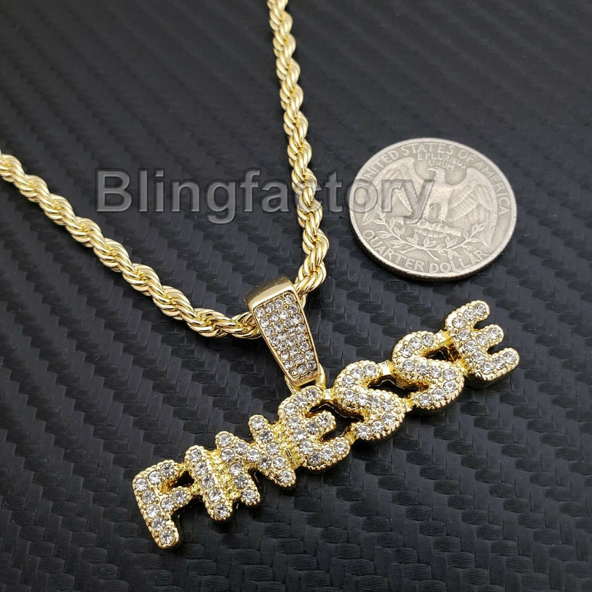 Hip Hop Iced out Lab Diamond FINESSE Pendant, 4mm 24" Rope Chain Necklace