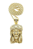 HIP HOP ICED OUT GOLD PT HOLY JESUS HEAD PENDANT & 4mm 24" ROPE CHAIN NECKLACE