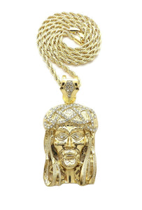 HIP HOP ICED OUT GOLD PT HOLY JESUS HEAD PENDANT & 4mm 24