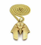 14K Gold PT Egyptian Pharaoh King Tut Pendant W/ 6mm 30" Cuban Chain Necklace