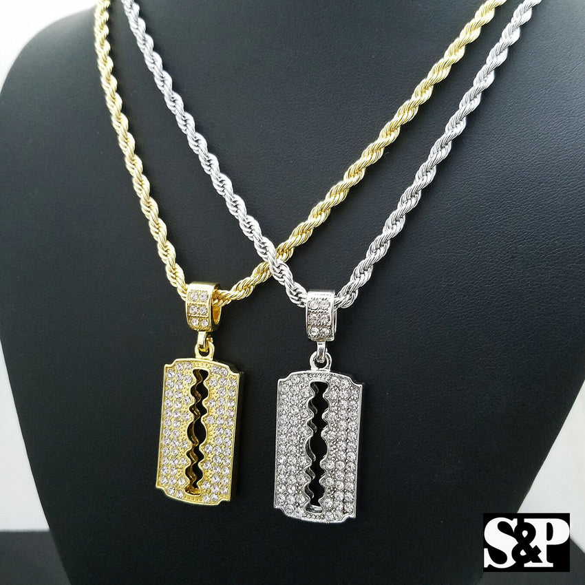 Fashion Iced Barber Shop Razor Blade Pendant w/ 4mm 24" Rope Chain Necklace
