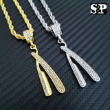 Iced out Fashion Barber Shop Razor Blade Pendant & 4mm 24" Rope Chain Necklace