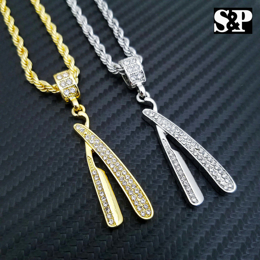 Iced out Fashion Barber Shop Razor Blade Pendant & 4mm 24" Rope Chain Necklace