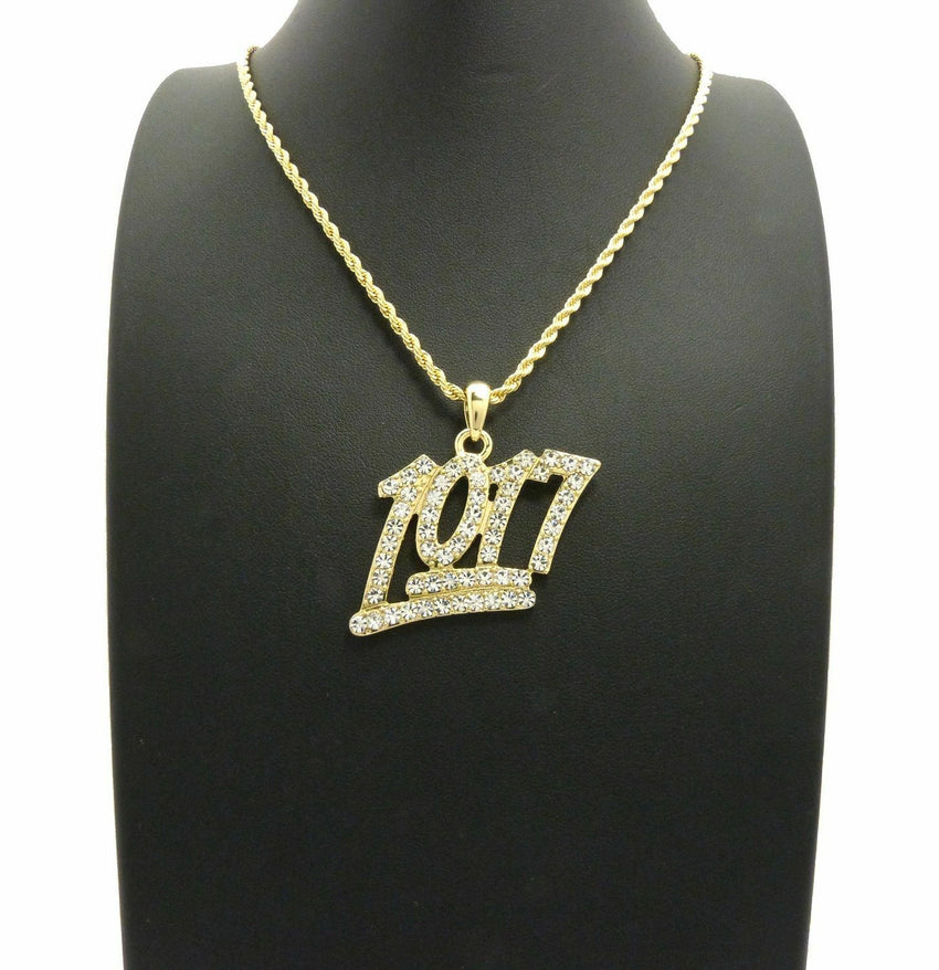 Iced Out Micro Number 1017 Pendant & 24" Box, Cuban, Rope Chain Hip Hop Necklace
