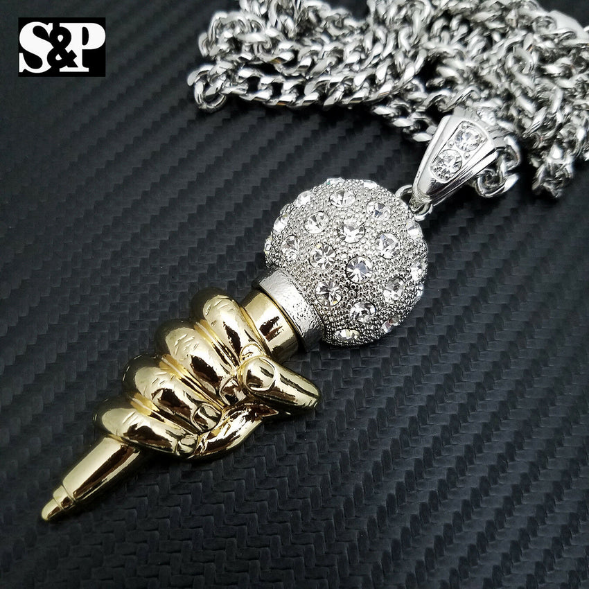 Iced Two Tone MIC Hand Pendant & 6mm 30" Cuban Chain Hip Hop Necklace