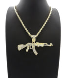 HIP HOP ICED GOLD PT AK45 MACHINE GUN PENDANT & 4mm 24" ROPE CHAIN NECKLACE