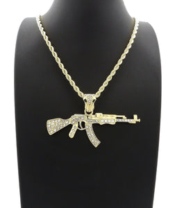 HIP HOP ICED GOLD PT AK45 MACHINE GUN PENDANT & 4mm 24