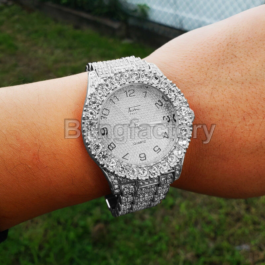 Men's Hip Hop Iced out White Gold PT Rapper Bling BIG Simulated Diamond Watch