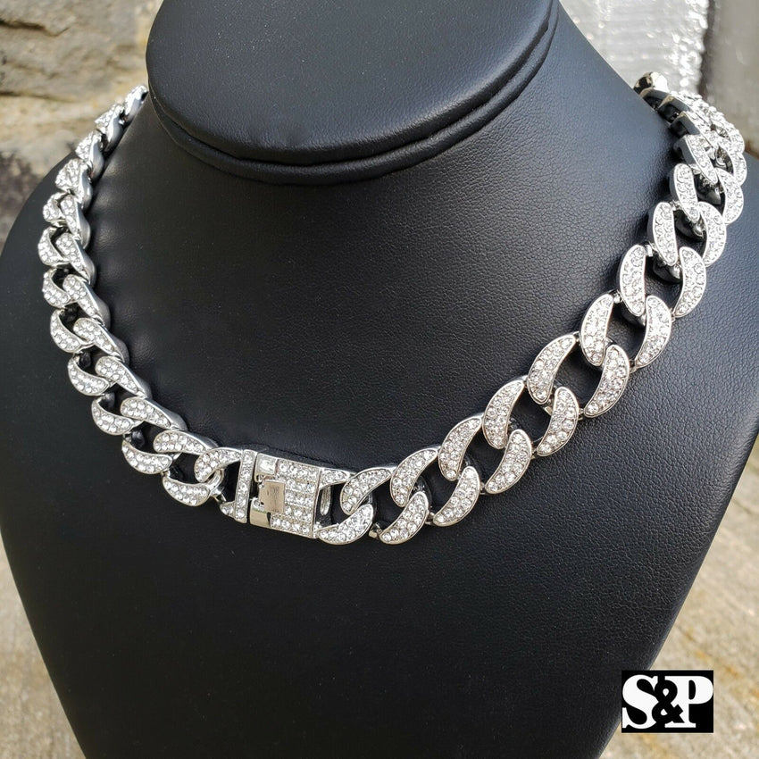 Hip Hop Full Iced Out White Gold plated 16",18", 20", 24", 30" Miami Cuban Link Choker Necklace
