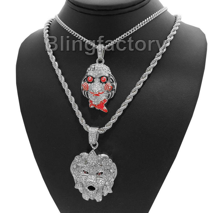 Iced out Saw Inspired & Lion Head Pendant & 24" 30" Rope, Cuban Chain Necklace