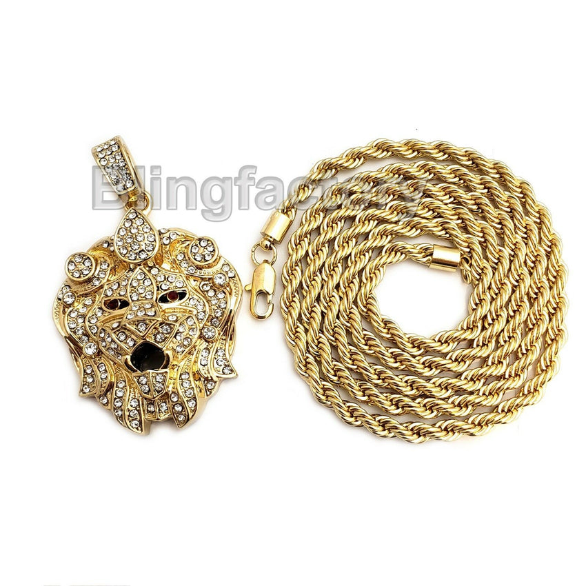 Hip Hop Iced Out Lion Head Lab Diamond Pendant & 5mm 30" Rope Chain Necklace