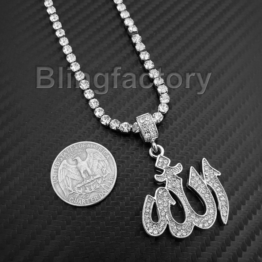 Hip Hop Iced Muslim Allah Pendant & 1 Row Diamond Tennis Choker Chain Necklace