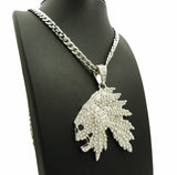 Iced Out Side Skull Cheif Face Pendant & 7mm 30" Cuban Chain Hip Hop Necklace