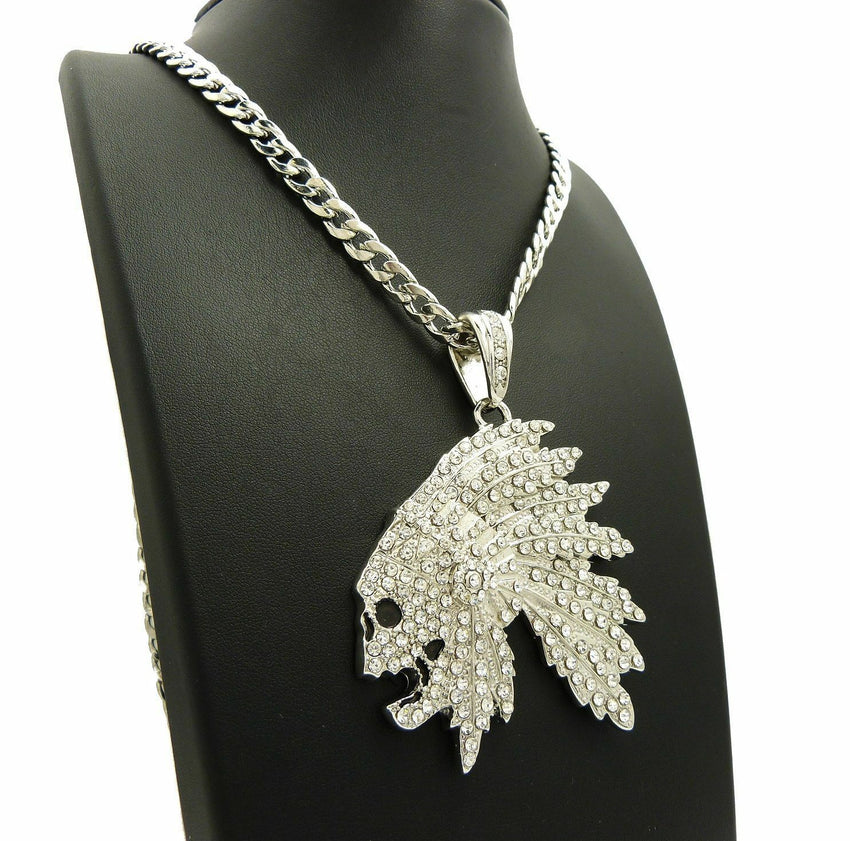 Iced Out Side Skull Cheif Face Pendant & 7mm 30" Cuban Chain Hip Hop Necklace
