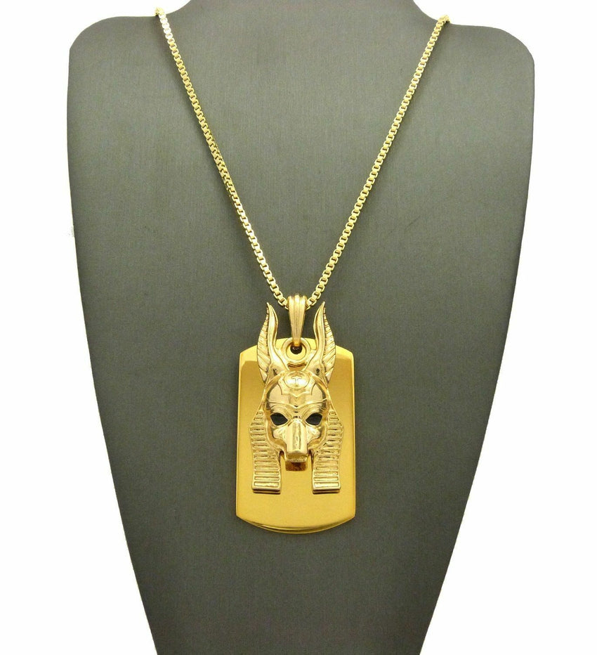 NEW GOLD PT ANUBIS HEAD DOG TAG PENDANT & 2mm 24" BOX CHAIN HIP HOP NECKLACE